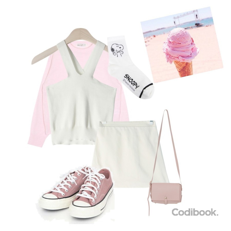 AIN FRESH A plain round knit,GIRLS RULE 메이비 엑스 민소매 티셔츠 (t6228),GIRLS RULE 보니 팔레트 스커트 (sk1905)등을 매치한 코디
