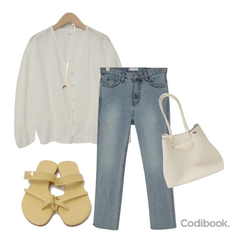 AIN original circle necklace,From Beginning Honey cotton pintuck blouse_S (size : free),From Beginning Light cutting denim pants_S (size : S,M,L)등을 매치한 코디