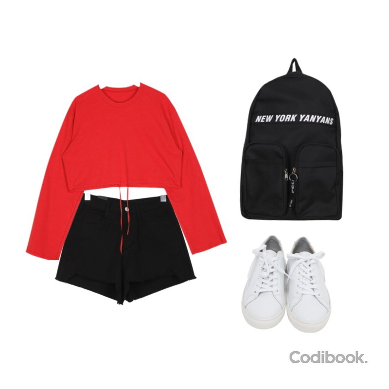From Beginning Win real cowskin sneakers_H (size : 225,230,235,240,245,250),AIN bebe crop string mtm T,BULLANG GIRL 바컴코튼숏P등을 매치한 코디