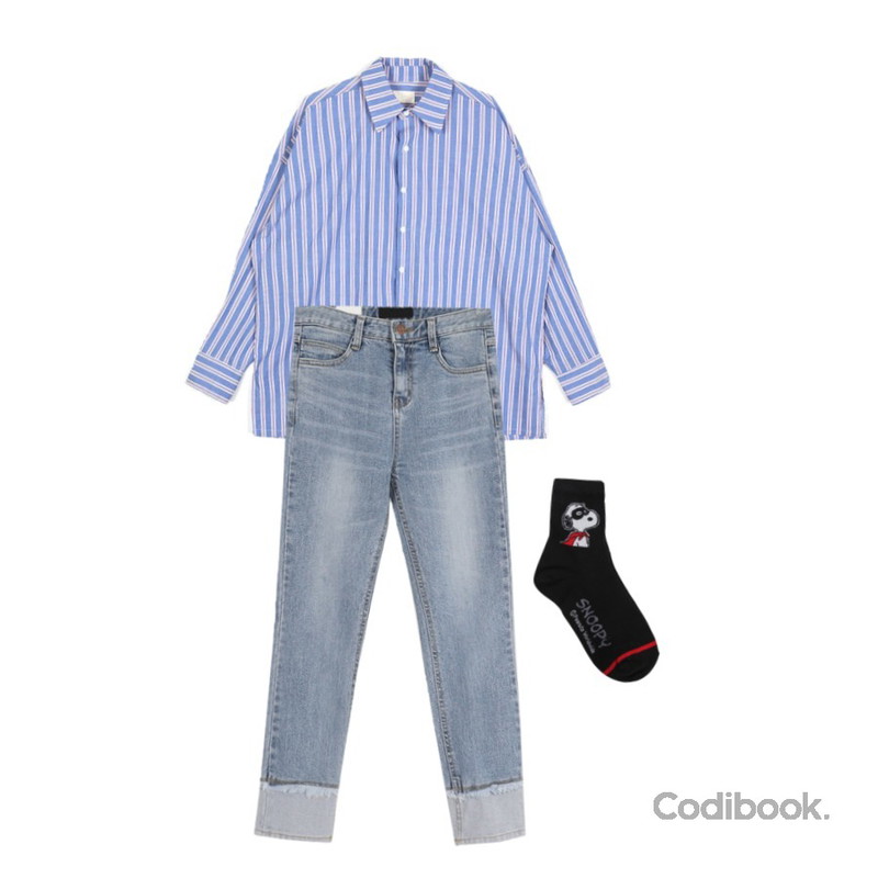 AWAB 롤업같은일자팬츠,BULLANG GIRL 깔끔스누피양말(정품),openthedoor pastel stripe over shirts (3 color) - men등을 매치한 코디