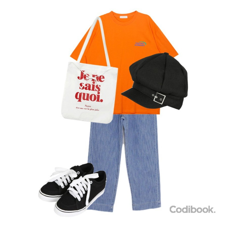 somedayif summer mood belt madoros hat (4colors),binary01 세미와이드 샌드 데님팬츠,MIXXMIX 박시 테스트 티셔츠등을 매치한 코디