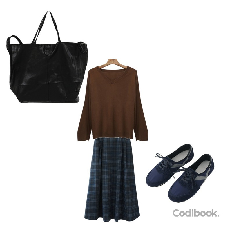 AFTERMONDAY check flared skirt (2colors),AFTERMONDAY texture combination sneakers (2colors),Zemma World Organic-루즈핏브이넥니트등을 매치한 코디