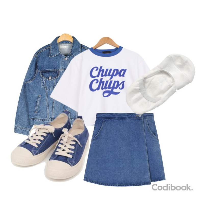 MIXXMIX 데님 랩 스커트 팬츠,AIN retro denim jacket,BULLANG GIRL 츄스춥크롭반팔T등을 매치한 코디