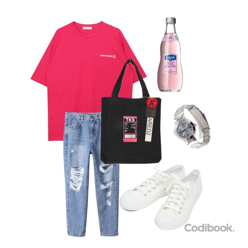 AIN basic monday sneakers (230-250),BACHO 보이핏 디스트로이드 진,MIXXMIX 체리 통통 박시 티셔츠등을 매치한 코디