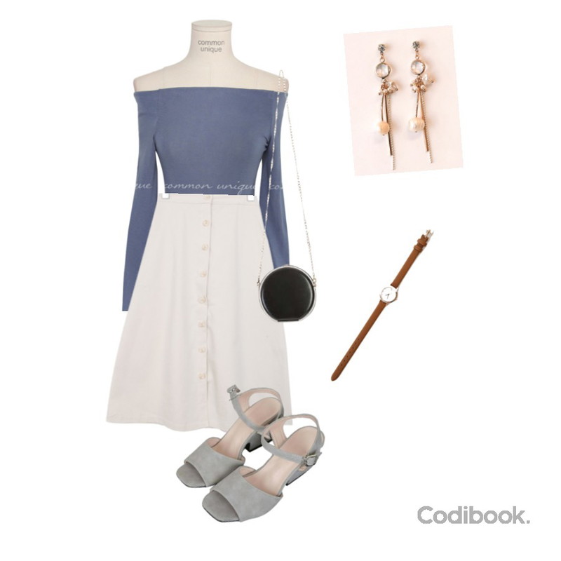 Zemma World Martini-미들힐[size:225~250 / 3color],common unique WIBLE SLIM OFF SHOULDER SLIT T,BULLANG GIRL 미디버튼롱SK등을 매치한 코디