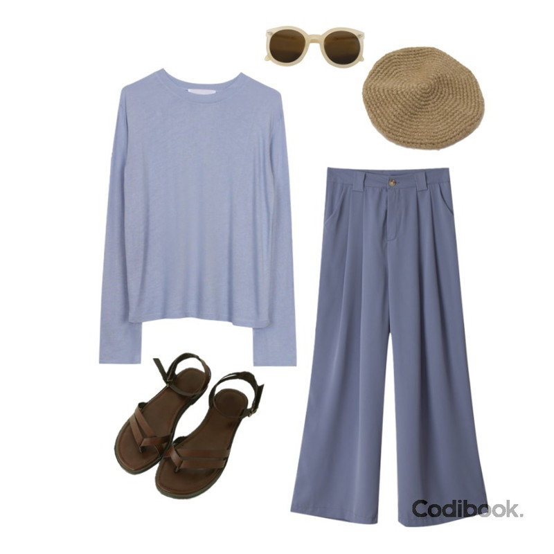 biznshoe Soft round tee (6colors),BACHO 젠트 와이드 슬랙스,Zemma World Browny-스트랩샌들등을 매치한 코디