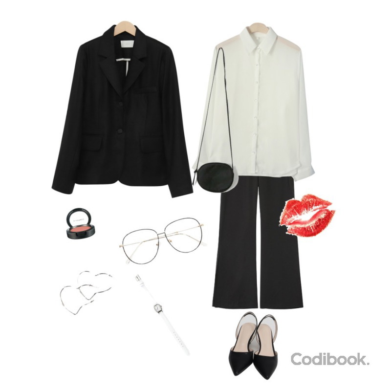 From Beginning Sand linen single jacket_S (린넨 100%) (size : free),ROCOSIX 세미 부츠컷 옆트임 슬랙스,GIRLS RULE 런던 시스루 블라우스 (bl871)등을 매치한 코디