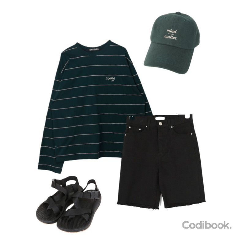 BULLANG GIRL 테바바 샌들,MIXXMIX Wide Stripe Point Top,AIN jeep black half cotton pants (s, m)등을 매치한 코디