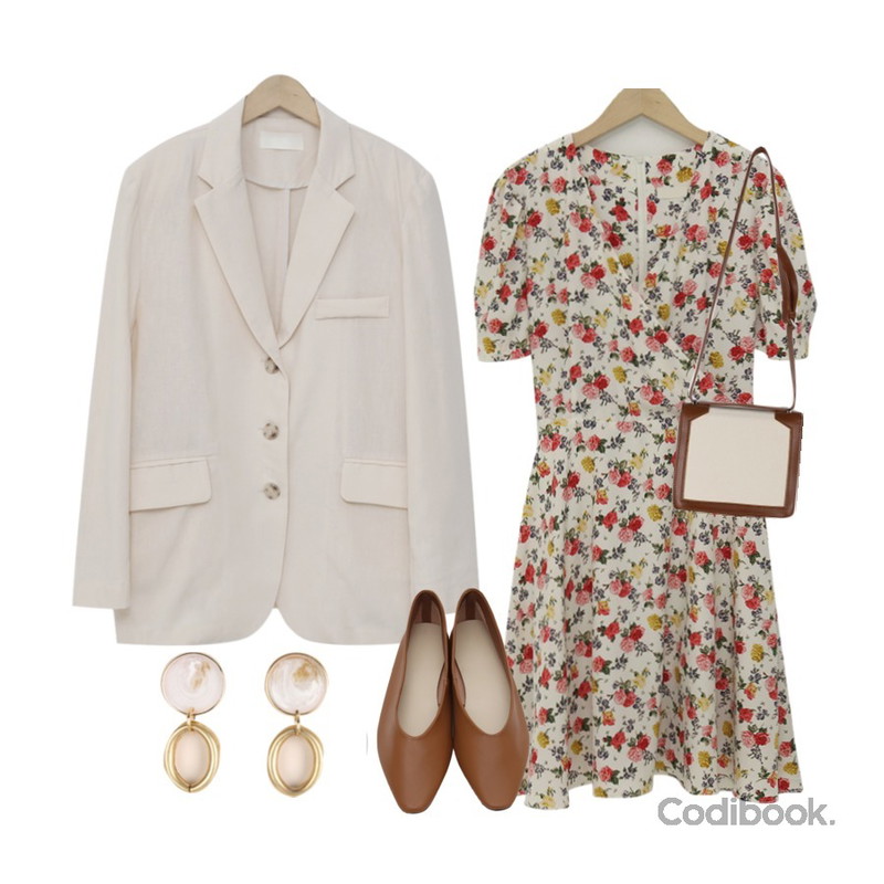From Beginning Milky simple flat shoes_J (size : 230,235,240,245,250),From Beginning Rose v-neck mini ops_S (size : free),From Beginning Main linen boxy jacket_K (린넨 55%) (size : free)등을 매치한 코디