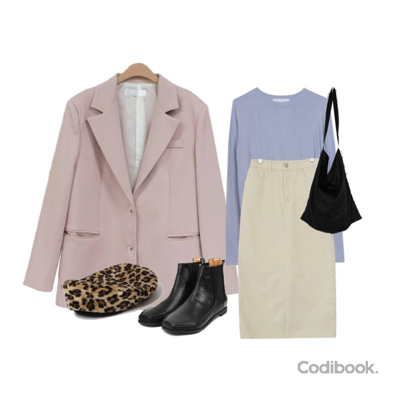 NEW NEED NOW 프라임 자켓(4color),biznshoe Soft round tee (6colors),Zemma World 트윌데님 뒷트임 롱스커트등을 매치한 코디