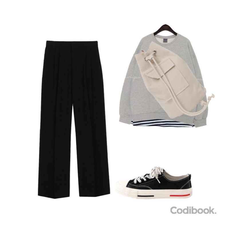 biznshoe Button slacks (2colors),Zemma World 라운드넥 스트라이프 티,LOVELY SHOES 테딘 스니커즈 2cm등을 매치한 코디