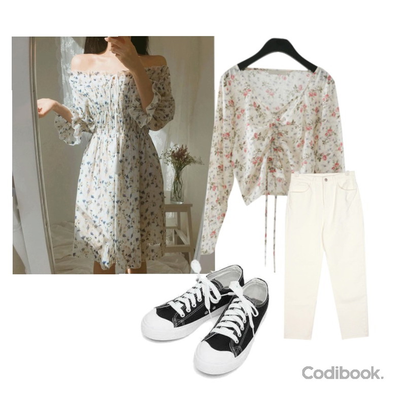 AIN more straight cotton pants (s, m, l),MIXXMIX 살랑 수술 오프 원피스,AFTERMONDAY adorable flower shirring blouse (2colors)등을 매치한 코디