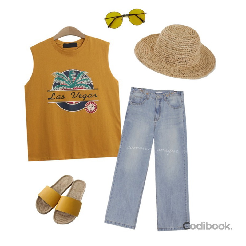TODAY ME [sleeveless]포트 나시티,BANHARU hit bucket hat,common unique ERST BUTTON WIDE LONG PANTS등을 매치한 코디