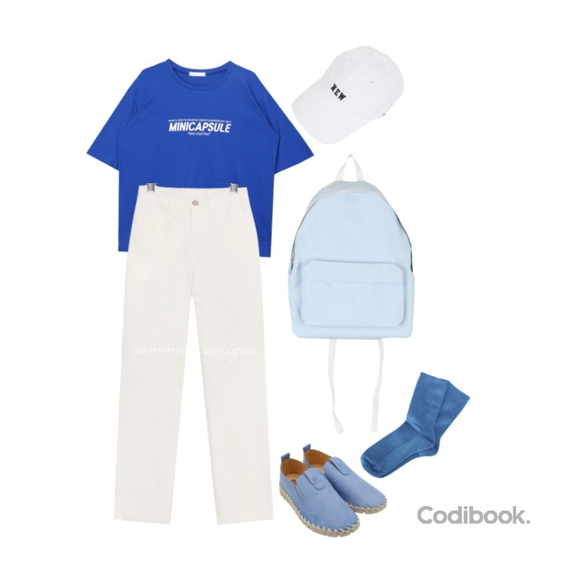BULLANG GIRL 밀키퐁백팩,common unique [BOTTOM] JATE SEMI BAGGY COTTON PANTS,MIXXMIX 미니 캡슐 티셔츠등을 매치한 코디
