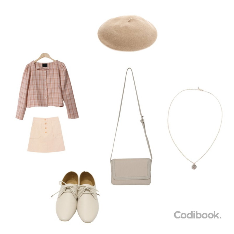 From Beginning Cream soft oxford loafer_K (size : 230,235,240,245,250),BACHO 모리브 체크 블라우스,MIXXMIX 마야 린넨 포켓 스커트등을 매치한 코디