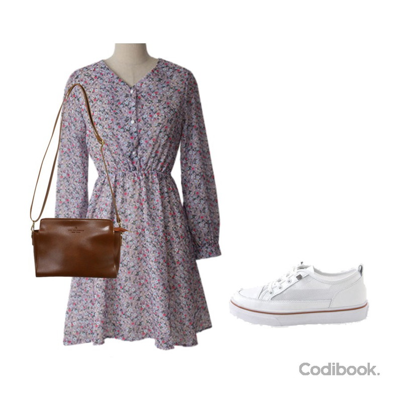 LOVELY SHOES [천연소가죽] 제이스 매쉬 스니커즈 2.5cm,BACHO 봄날 플라워 원피스,BITDA 리토백 (2color)등을 매치한 코디