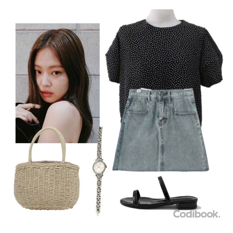 제니,GIRLS RULE 포켓 체크 데님 스커트 (sk1921),BITDA 쏘이플라워 blouse (2color)등을 매치한 코디