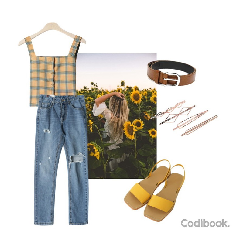 sunflowers,GIRLS RULE 클로버 일자 데님 팬츠 (pt2099),GIRLS RULE 디어 버튼 체크 뷔스티에 (t6374)등을 매치한 코디