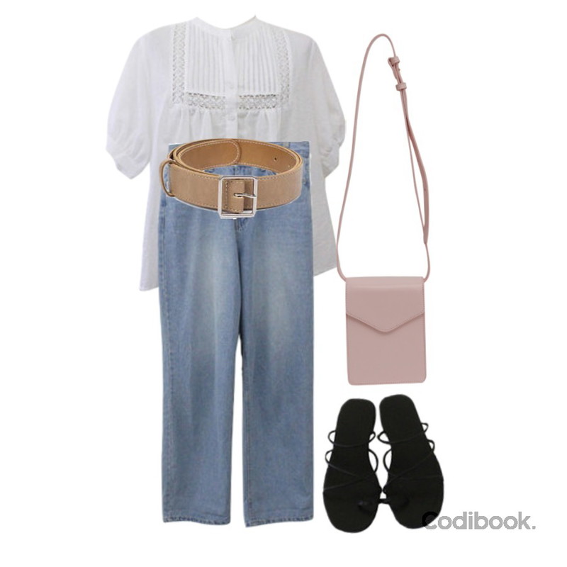 BITDA 엘린 blouse (2color),BITDA 도미닉 denim,AIN matte square belt등을 매치한 코디