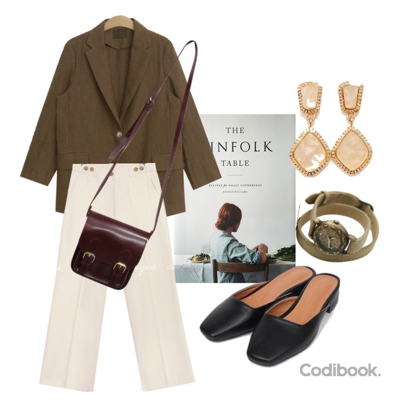 kinfolk table,common unique PADE BUTTON WIDE COTTON PANTS,TODAY ME 조니 린넨 자켓등을 매치한 코디
