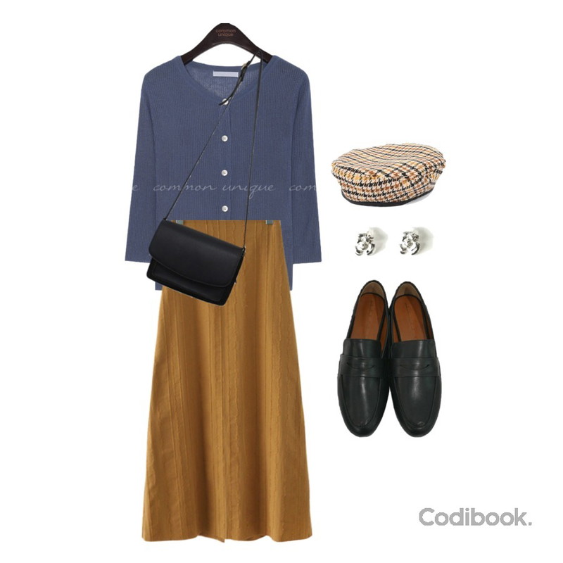 common unique [OUTER] PETI GOLGI 7 SLEEVE KNIT CARDIGAN,AFTERMONDAY natural cut-off skirt (2colors),BITDA 반하루 shoes (4color)등을 매치한 코디