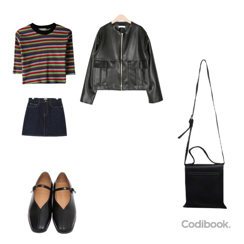 about moon 라운드 레더 자켓 (2 color),AIN stitch denim skirt (s, m, l),GIRLS RULE 베티 골지 크롭 티셔츠 (t6016)등을 매치한 코디