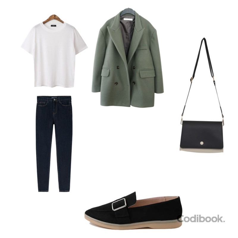 MIXXMIX 베이직 생지 스키니,AFTERMONDAY over shoulder half coat (3colors),BACHO 소소 무지 반팔 티셔츠등을 매치한 코디