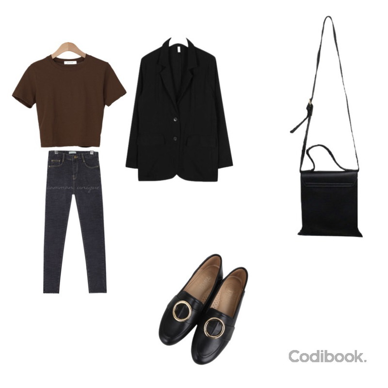 common unique MINE NAPPING SLIM DENIM SKINNY,AIN spring mood have jacket,BANHARU 1/2 day tee #562등을 매치한 코디