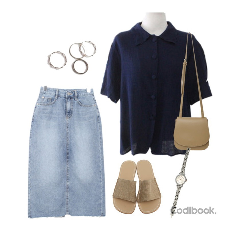 BULLANG GIRL 레이어트임SK,From Beginning Easy stitch slipper_H (size : 230,235,240,245,250),BITDA 콩스 blouse (2color)등을 매치한 코디