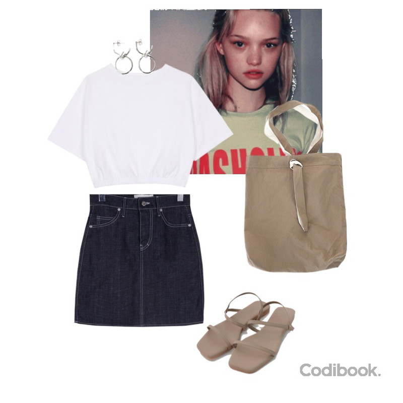gemma,daily monday Linen denim mini skirt,biznshoe Banding crop tee (2colors)등을 매치한 코디