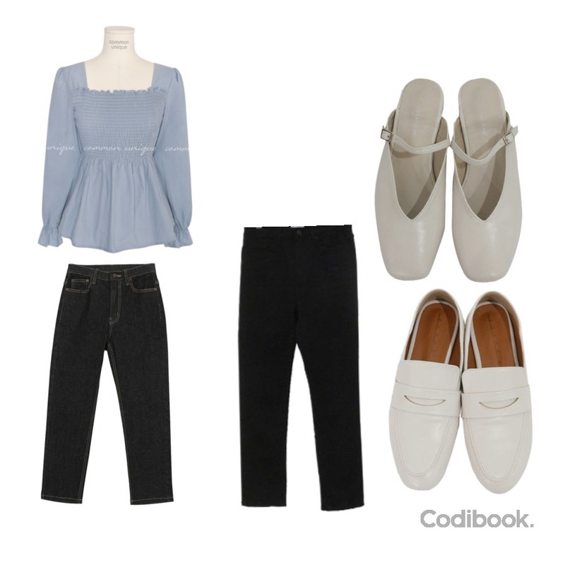 common unique VIENNA SMOKE BANDING BLOUSE,AWAB (예쁘진)흑청생지일자팬츠,BITDA 디트리 pants (2color)등을 매치한 코디
