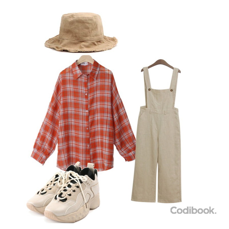 TODAY ME 피린 멜빵 팬츠,AIN vintage cutting bucket hat,BACHO 빈트 여리핏 체크남방등을 매치한 코디