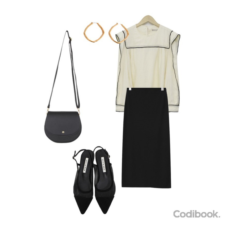 BULLANG GIRL 줄라이크로스백,From Beginning Wearable golgi banding skirt_Y (size : free),From Beginning Need line thread blouse_K (size : free)등을 매치한 코디