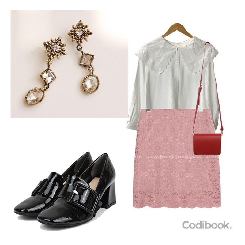 AIN belt point heel (2 colors),common unique [SKIRT] TAMY LACE H LINE MINI SKIRT,MASHYELLOW 지니 브이 카라 블라우스 (1colors)등을 매치한 코디