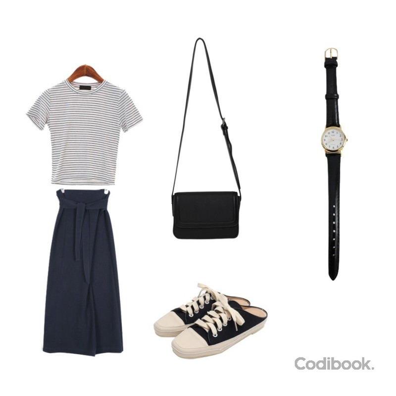 From Beginning Canvas sneakers mule_K (size : 225,230,235,240,245,250),ROCOSIX 오즈 스트라이프 크롭 티셔츠,AIN muffin long wrap skirt등을 매치한 코디