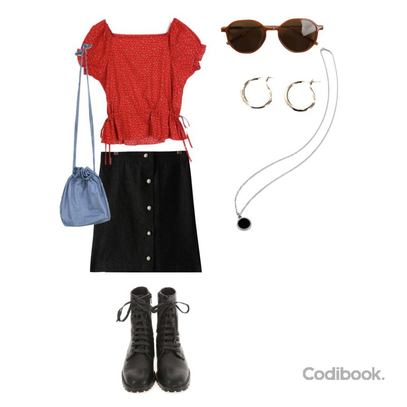 ROCOSIX 힐즈 스트링 워커,GIRLS RULE 데님 진주 A라인 스커트 (sk1827),AIN rose wrinkle square neck등을 매치한 코디