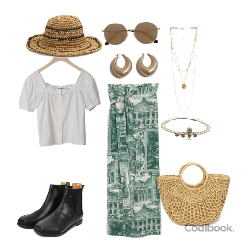 openthedoor hexagon chelsea boots (2 color),AIN museum wrap skirt,BACHO 슈슈 스퀘어 블라우스등을 매치한 코디