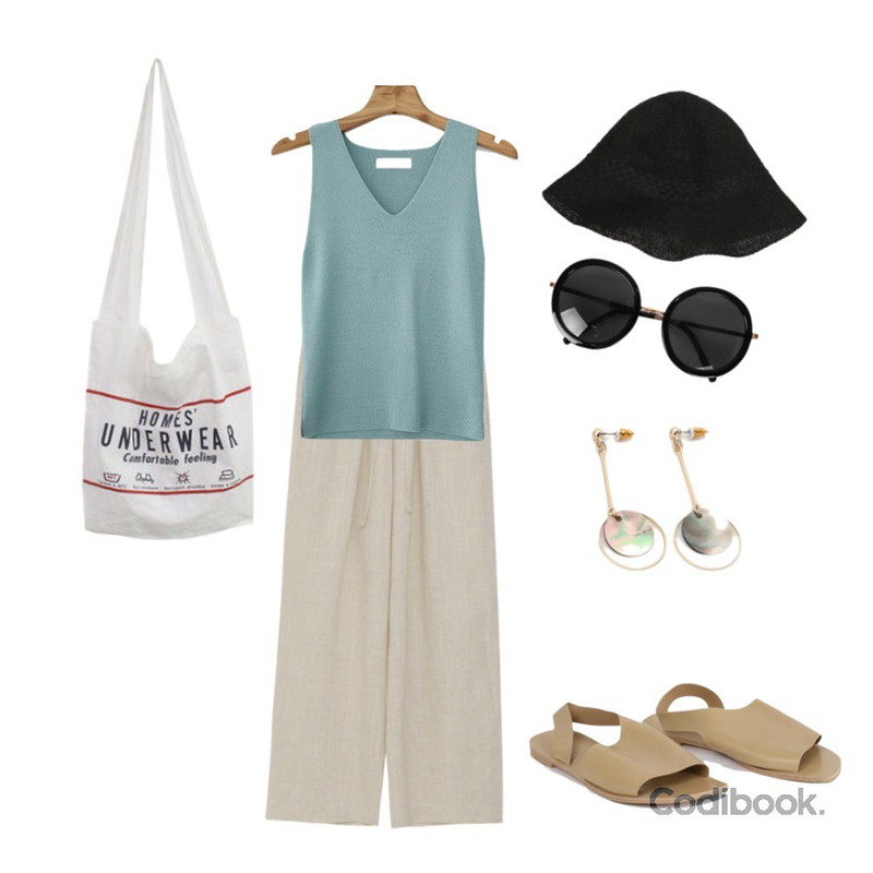 daily monday Unique leather sandals,From Beginning Georgia string linen pants_B (린넨 30%) (size : free),Zemma World 썸머 브이넥 니트나시등을 매치한 코디