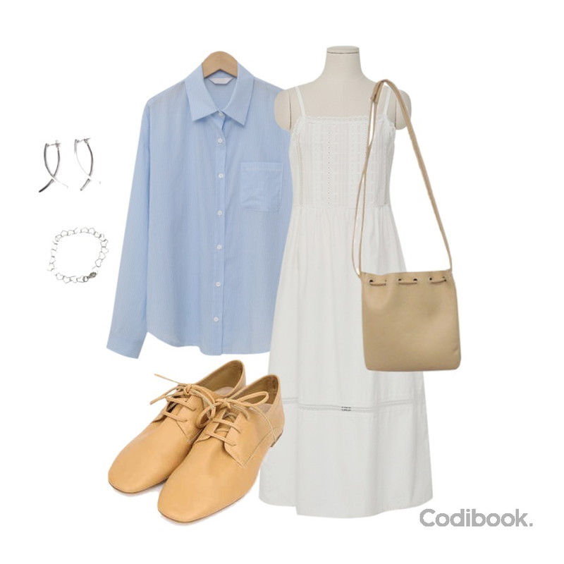 From Beginning Punching lace bustier ops_B (size : free),From Beginning Wind cotton stripe shirts_Y (size : free),BITDA 리사 bag (3color)등을 매치한 코디