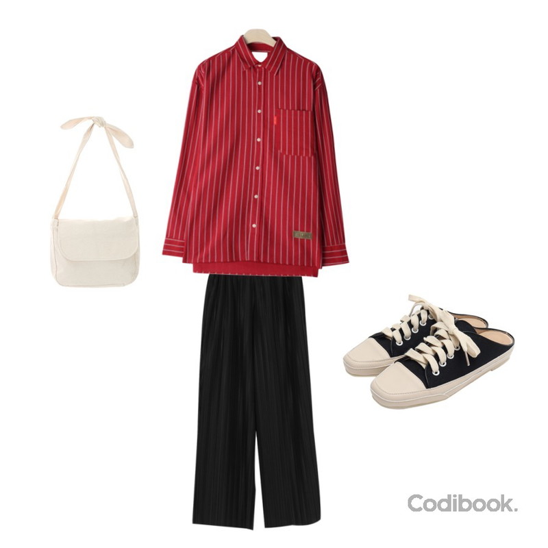 GIRLS RULE 데일리 루즈 스트라이프 남방 (nb813),From Beginning Canvas sneakers mule_K (size : 225,230,235,240,245,250),AWAB 델리샤와이드팬츠등을 매치한 코디