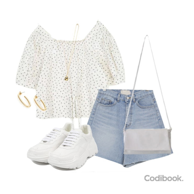 openthedoor candy platform sneakers (5 color),From Beginning Cutting a-line denim shorts_K (size : S,M),AIN string flower blouse등을 매치한 코디