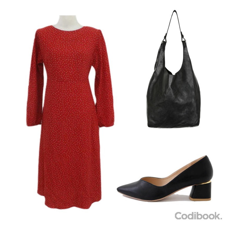 openthedoor pouch set leather tote bag (2 color),LOVELY SHOES 컬리온 미들힐 펌프스 5cm,BITDA 체리쥬빌레 dress (2color)등을 매치한 코디
