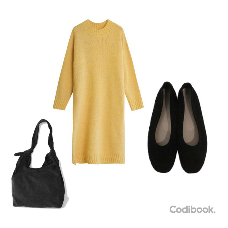 AFTERMONDAY corduroy tote bag (4colors),GIRLS RULE 롤링 롱 니트 원피스 (ops1023),BITDA 마카롱플랫 shoes (4color)등을 매치한 코디