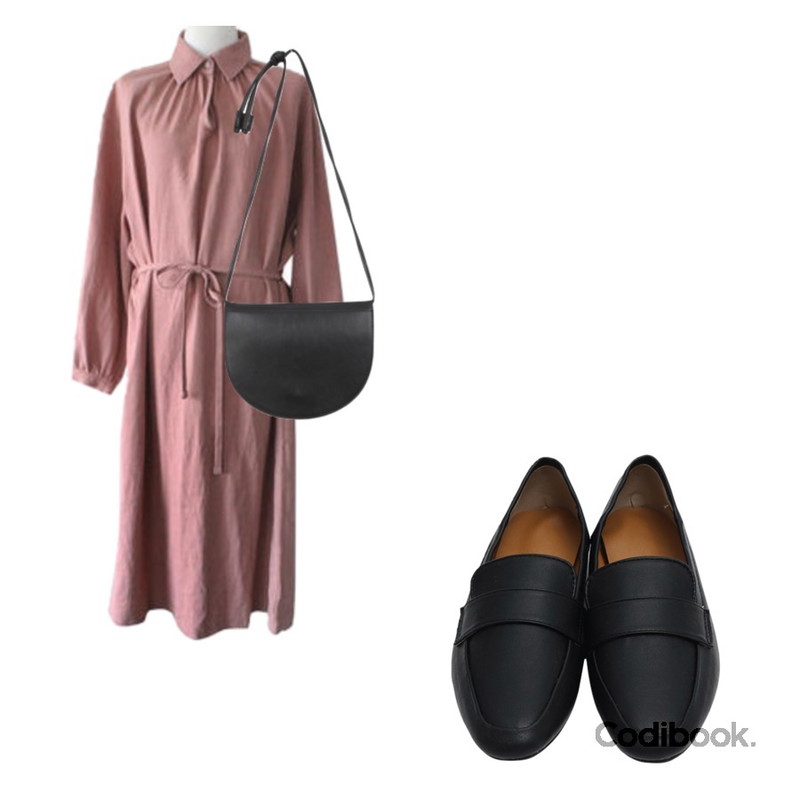 From Beginning Butter mild simple loafer_S (size : 225,230,235,240,245,250),BULLANG GIRL 플랫하프크로스백,BITDA 컬러드 dress (2color)등을 매치한 코디