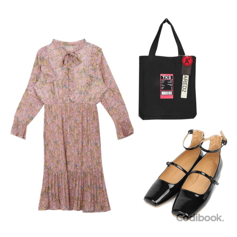 AIN lobe 2-strap flat shoes (230-250),MIXXMIX 쥬니 리본 플리츠 원피스,BULLANG GIRL 케이에스에코백등을 매치한 코디