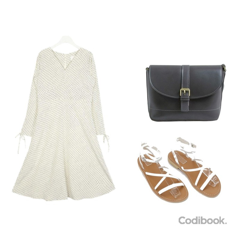 MASHYELLOW 조이 버클 크로스백,daily monday Double ankle strap sandals,AIN vely dot string ops등을 매치한 코디
