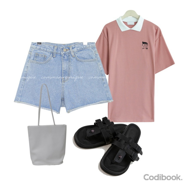 common unique [BOTTOM] BREATHE WASHING DENIM SHORTS,BANHARU retro buckle strap slipper,GIRLS RULE 비니 컬러 카라 반팔 티셔츠 (t6456)등을 매치한 코디