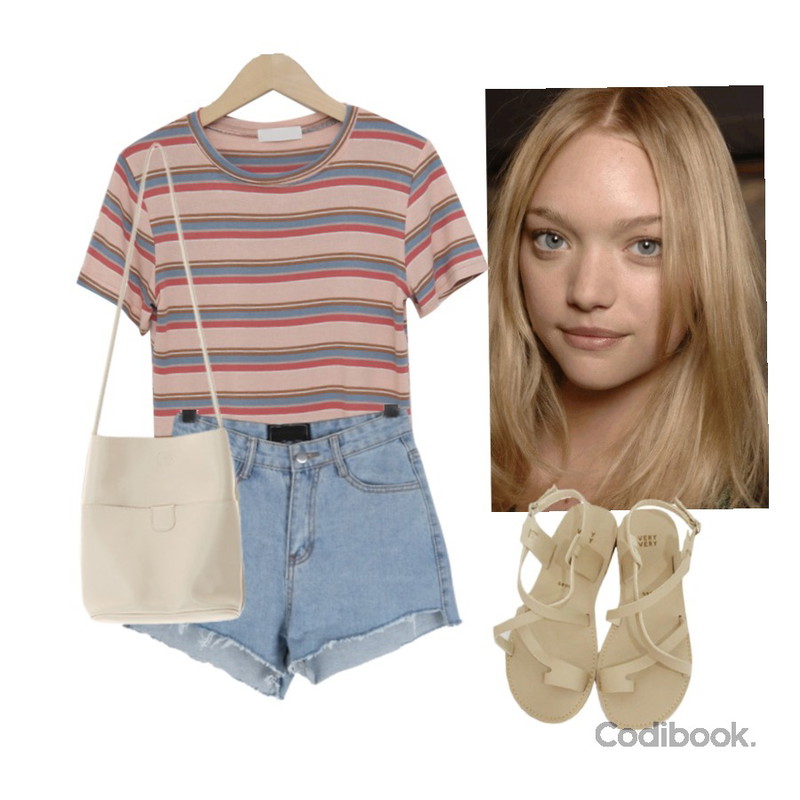 Untitled,BULLANG GIRL 후링컷팅데님숏P(기획특가),From Beginning Candy stripe crop T_B (린넨 35%) (size : free)등을 매치한 코디