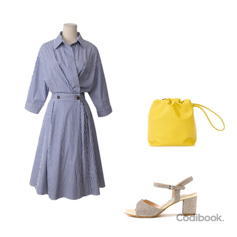 LOVELY SHOES 엔크론 스트랩 샌들 6cm,BACHO 비비안 더블 카라 원피스,ROCOSIX 투웨이 스트랩 백등을 매치한 코디