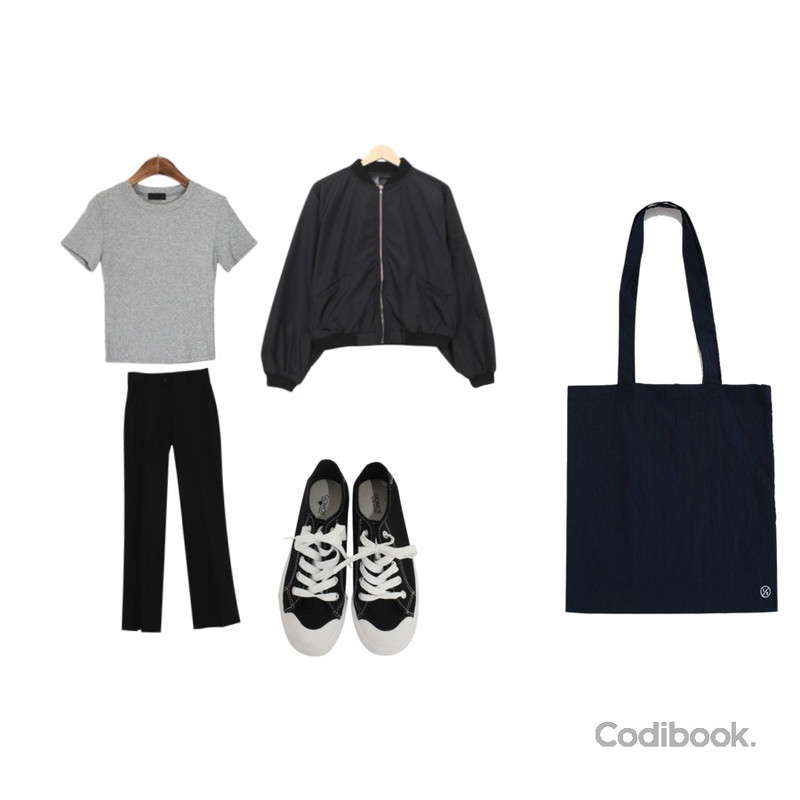 BULLANG GIRL 고딕숏항공JP,ROCOSIX 골지 라운드넥 크롭 반팔,AWAB (예쁘진)슬릿트임와이드롱슬랙스등을 매치한 코디